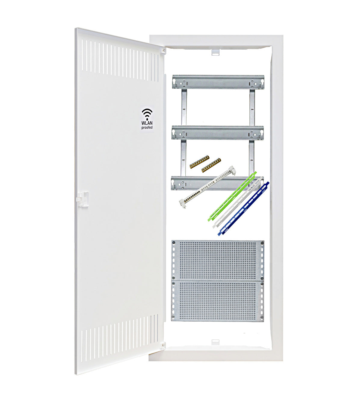 Media combi frame and door, vertical 5-rows, 3 DIN-rails