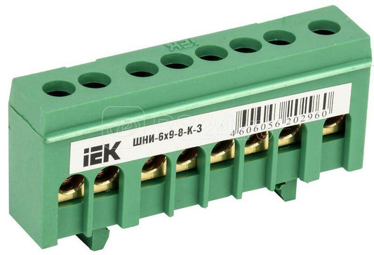 DIN-rail insulated PE busbar ШНИ-6х9-8-К-З (green), IEK