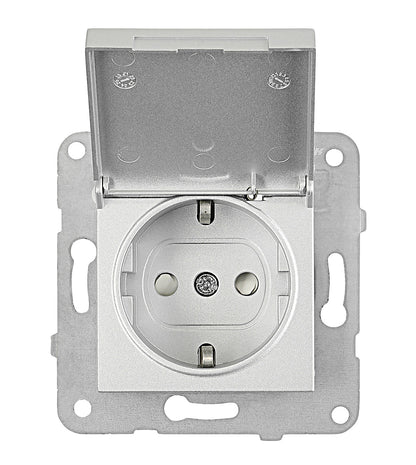 Socket outlet, flap cover, screw clamps, silver