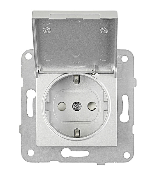 Socket outlet, flap cover, screw clamps, silver