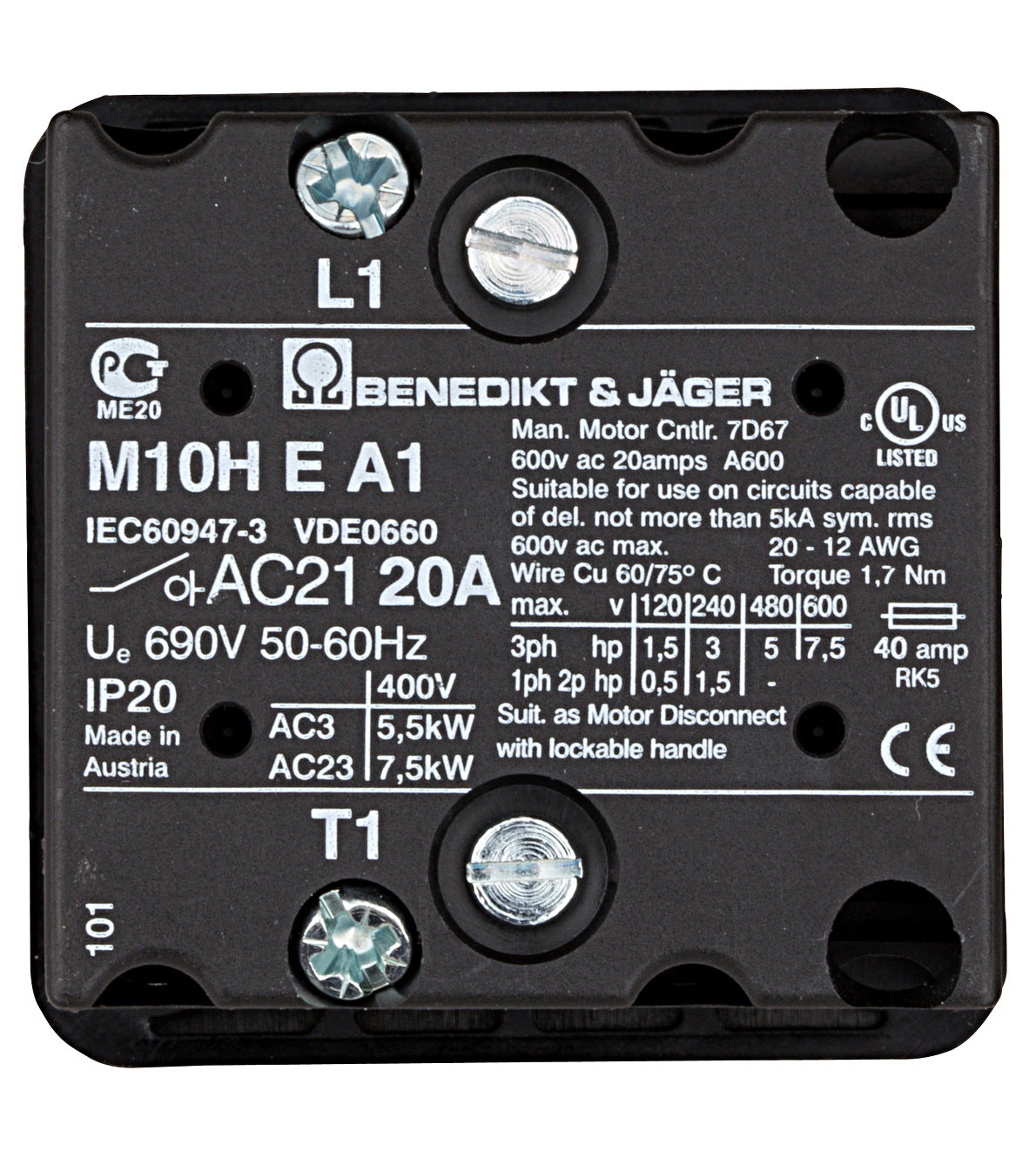Off Switch, 1 pole, 20A, for panel mounting OFF-ON