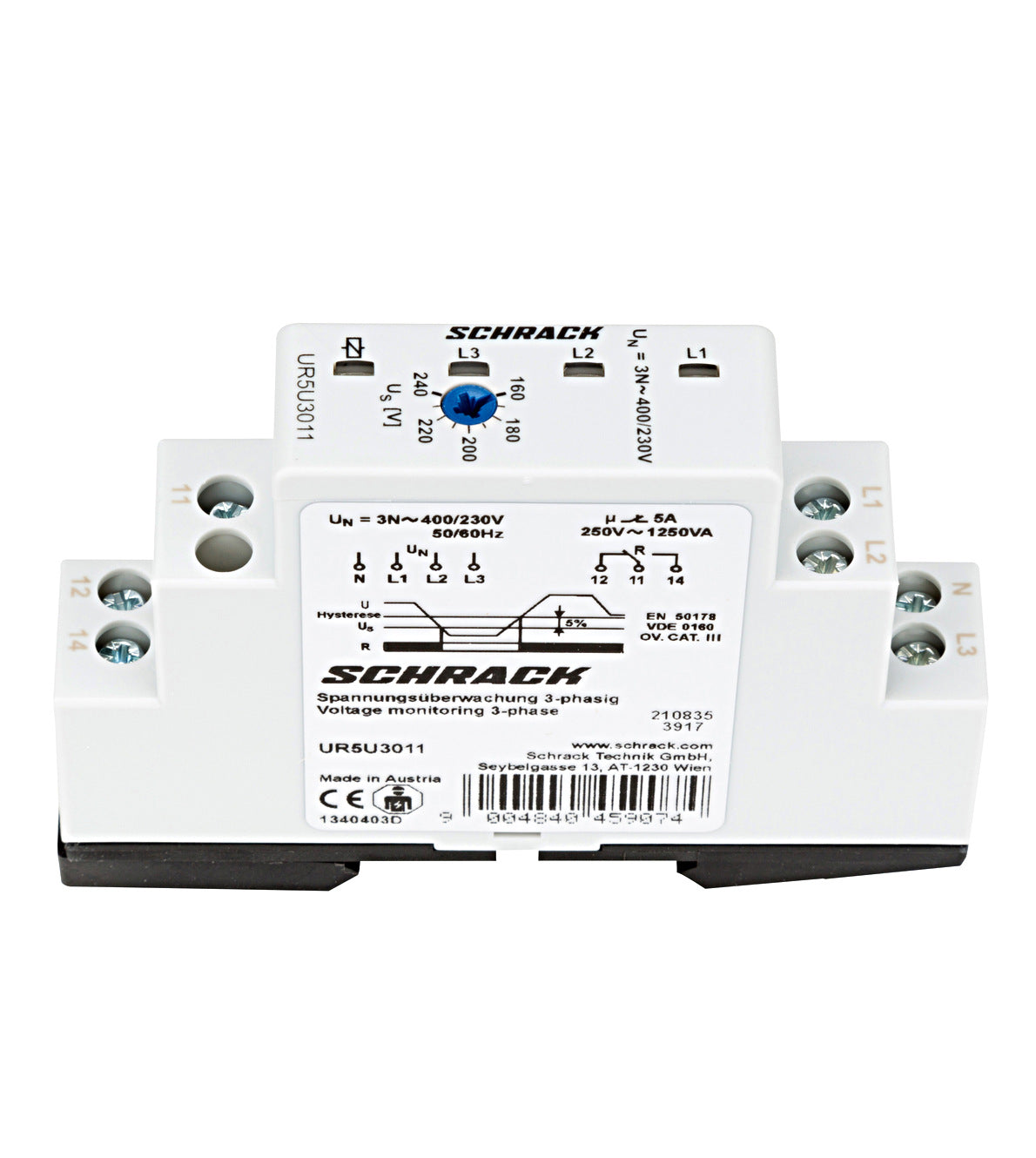 Voltage monitoring relay 3-phase, adjustable 160-240V, 1CO